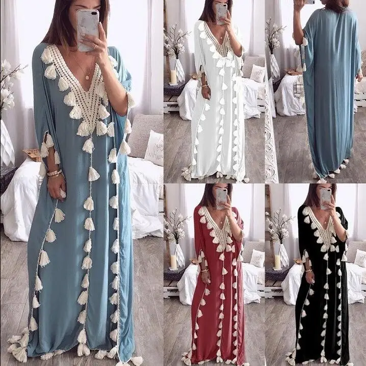 

Women's Tassel Loose Full Length Short Batwing Sleeve V-neck Beach Dress Pandant Summer Dresses