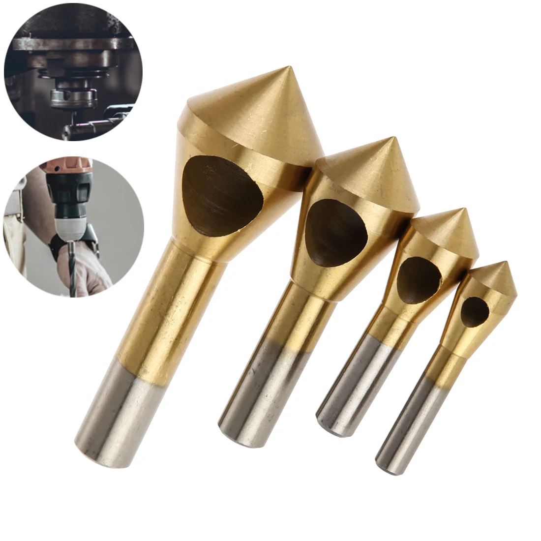 

4pcs/set Metal Drill Bits2-5/5-10/10-15/15-20mm Titanium Coated Countersink Deburring Center Stepped Expanding Chamfering Tools