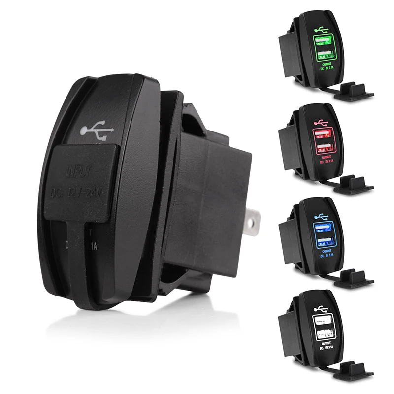 Car Dual USB Charger Cover for Motorcycle Auto Truck ATV Boat 12V-24V LED Dual USB Socket Mount Charger Power Adapter