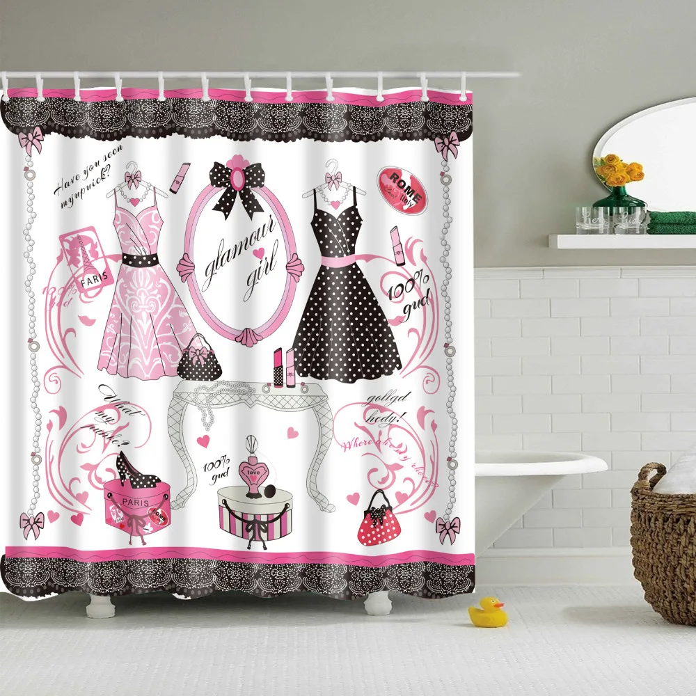 Waterproof Polyester Fabric Shower Curtain Cute Dress Printing Cat Boat