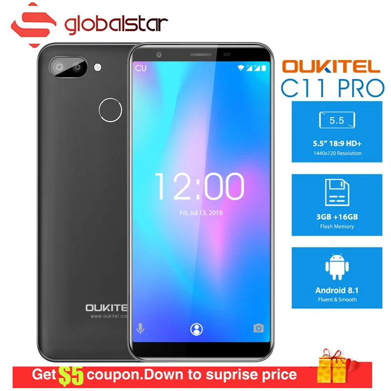 Oukitel C11 Pro 4G LTE смартфон 5,5 "FHD 18:9 Android 8,1 3 ГБ Оперативная память 16 ГБ Встроенная память MT6739 4 ядра отпечатков пальцев 3400 мАч мобильного телефона