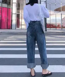 2019 Новые Летние Осенние повседневные джинсы с высокой талией Модные Винтажные свободные джинсы с карманами синие длинные джинсы