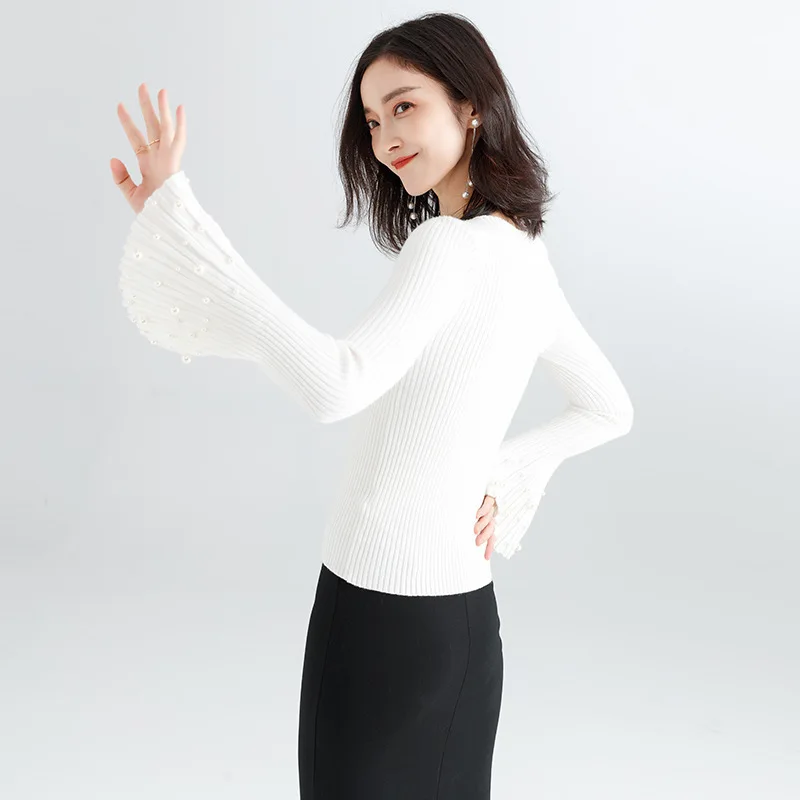 2018 autumn and winter new stylish sweater thicken flare sleeves slash neck bottoming sweater for women F9581 2018 autumn and winter new stylish sweater thicken flare sleeves slash neck bottoming sweater for women F9581