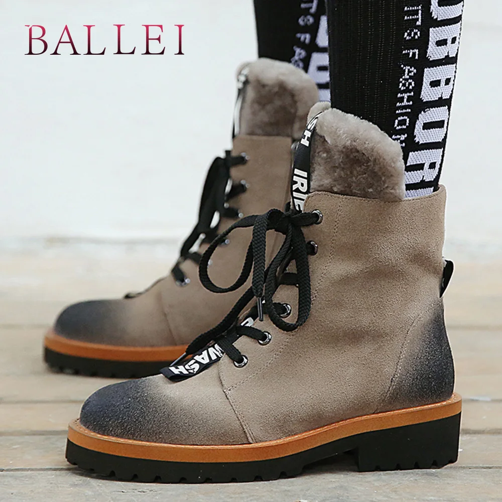 

BALLEI Handmade Woman Winter Ankle Boot Vintage Cow Suede Retro Round Toe Soft Low Heel Shoes Quality Lace-up Warm Fur Boots B85