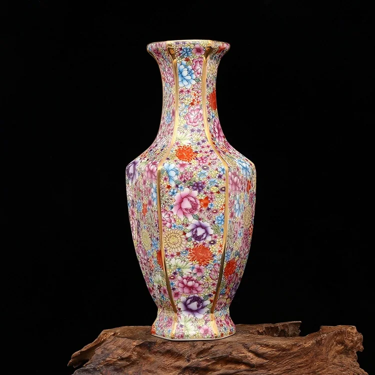 Цин Цяньлун Эмаль Красочные цветы и птицы Шестигранная ваза антикварное украшение для дома фарфоровое украшение Античная коллекция