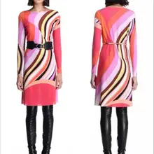 Couture Новинка осени Цвет Мода с поясом шелковые ткани Джерси трикотажные эластичные длинные Sleever платье