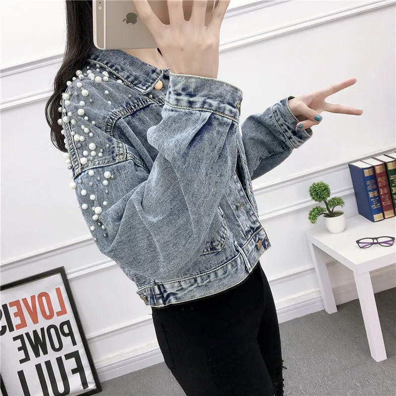 Women Jean Jacket 2019 Spring Autumn Pearls Beading Denim Jackets Female Vintage Long Sleeve Pockets Loose Basic Coats Plus Size