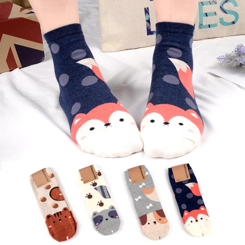 

Cartoon animal print socks squirrel dog fox women cotton sock breathable absorb sweat comfort cute fun sweet calzini divertenti