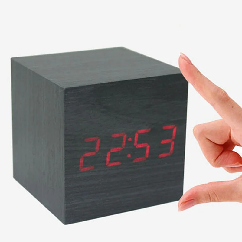 Square Wooden Wood Clocks Desk Home Fashion Modern Alarm Clock Voice