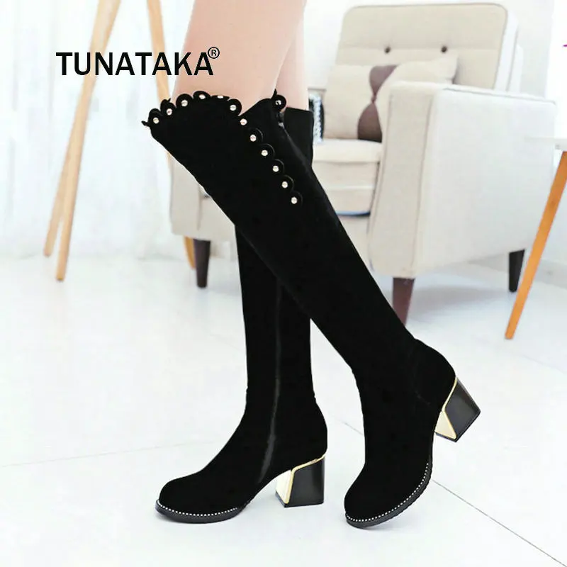 

Women Faux Suede Comfortable Square Heel Knee High Boots Fashion Rivet Round Toe Women Shoes Black