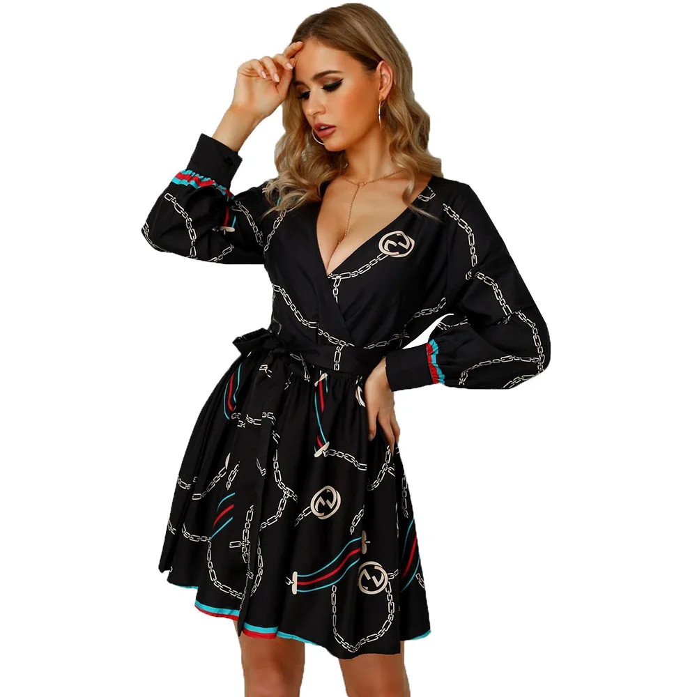 

Contrast Color Striped Chain Print Sweet Women Mini Dress Long Sleeve Deep V Neck High Waist Casual Fashion Lady Dress DO9063