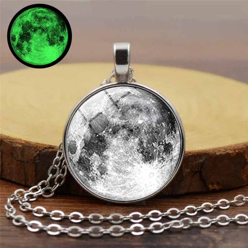 

Glow in the Dark Full Glowing Moon Glass Round Necklace Womens Luminous Jewelry Glass Dome Pendant Silver Chain glowing necklace