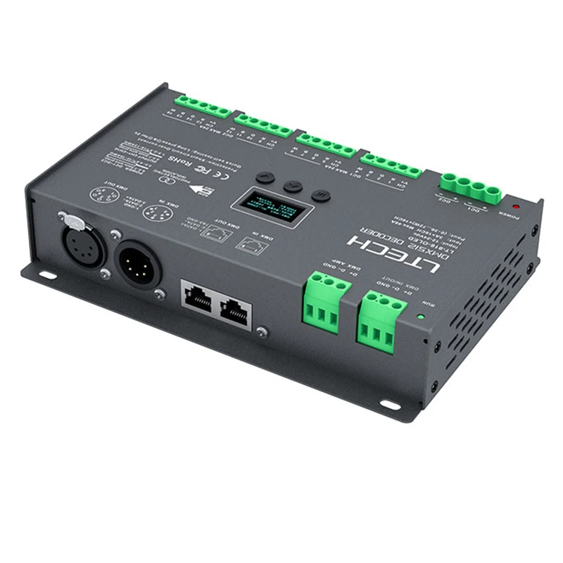 Светодио дный DMX-PWM декодер; DC12-24V вход; 3A* 16CH Max 48A 1152 Вт выход XLR-3/RJ45/Зеленый терминал Порты и разъёмы 16 Декодер каналов