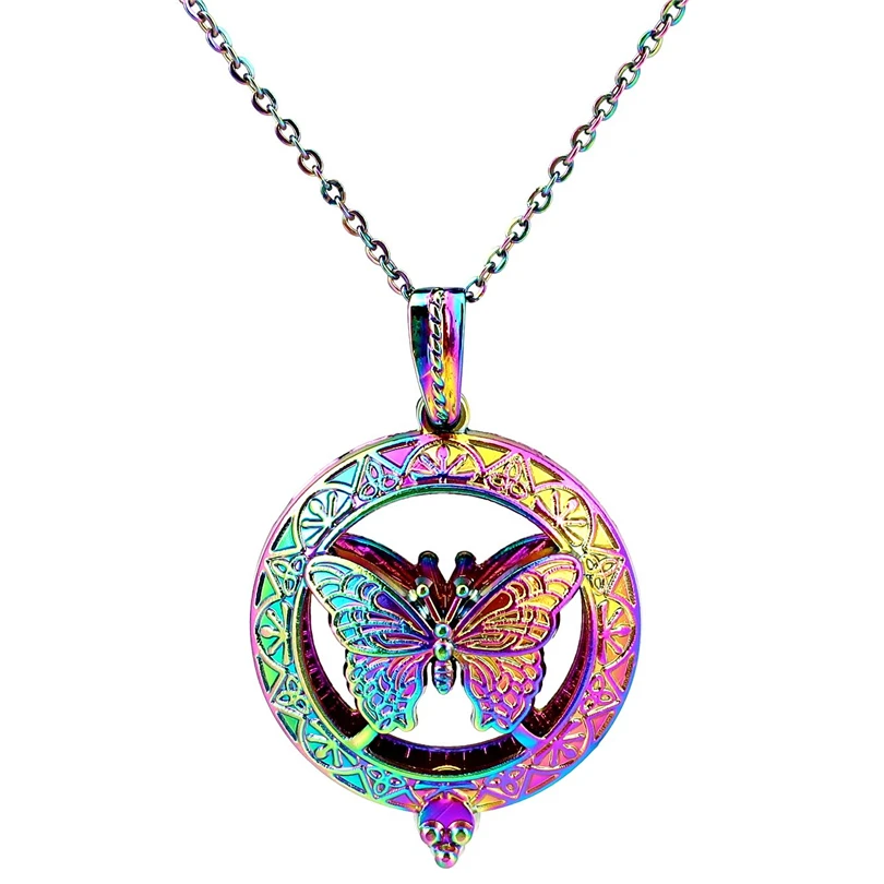 

C830 Rainbow Color Butterfly Cage Pendant Locket Aroma Essential Oil Diffuser Locket Necklace