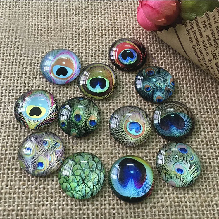 

20PCS Peacock Feather Round Glass Cabochon 10MM 12MM 16MM 18MM 20MM 25MM Flatback Photo Dome Jewelry Findings Accessories