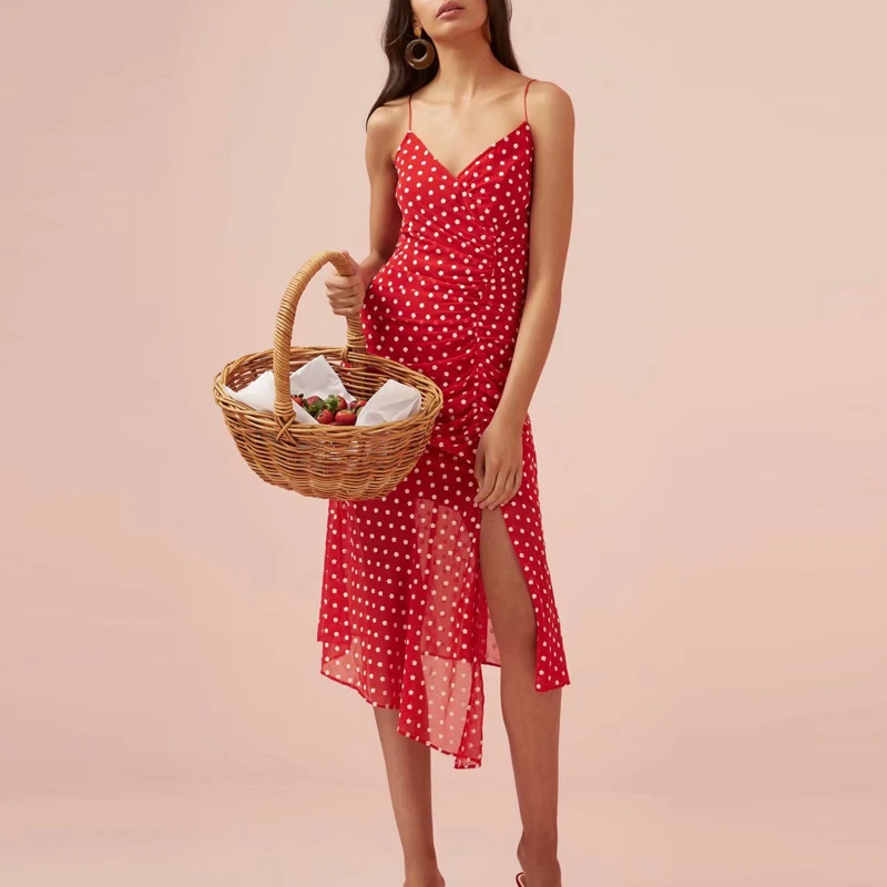 

Summer V-neck Whit Floral Embroidery Asymmetrical Women Split Mid-calf Dress Chiffon Women V-neck Empire Spaghetti Strap Dress