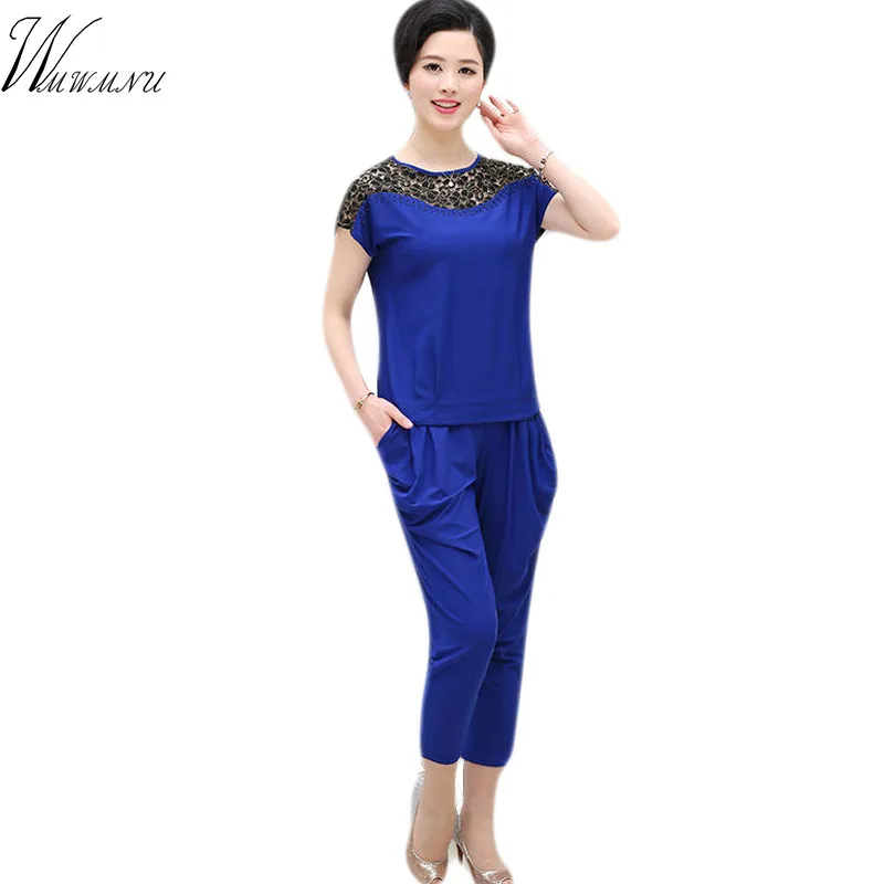 

Mom's 2 pcs set Summer plus size Hollow T Shirt Tops+Loose Pants Length Women Casual Tracksuit 2019 New Solid color office Suit