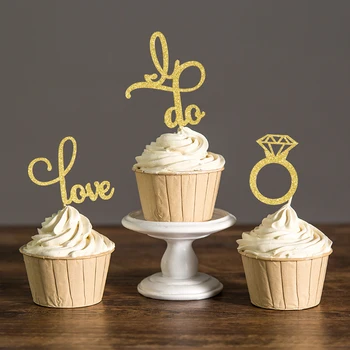 

Hot selling 12pcs/set gold silver black glitter love cupcake toppers bride shower wedding cake toppe party decorations supplies