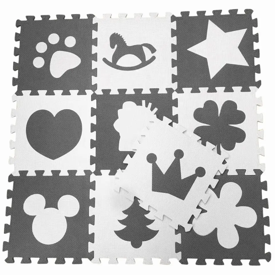 grey and white puzzle play mat