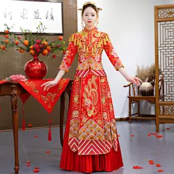 Винтаж китайский стиль торжественное платье Королевский Феникс свадьба cheongsam костюм красный невесты Традиционный Тан вышивка Qipao Новый