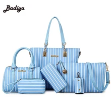 Bolsos de Marcas famosas 2016 de Lujo Femenina Rayas Big Bag Las Mujeres de Cuero de LA PU del Bolso 6 Unids/set Compuesto Bolsa de Mensajero de Las Mujeres bolsa