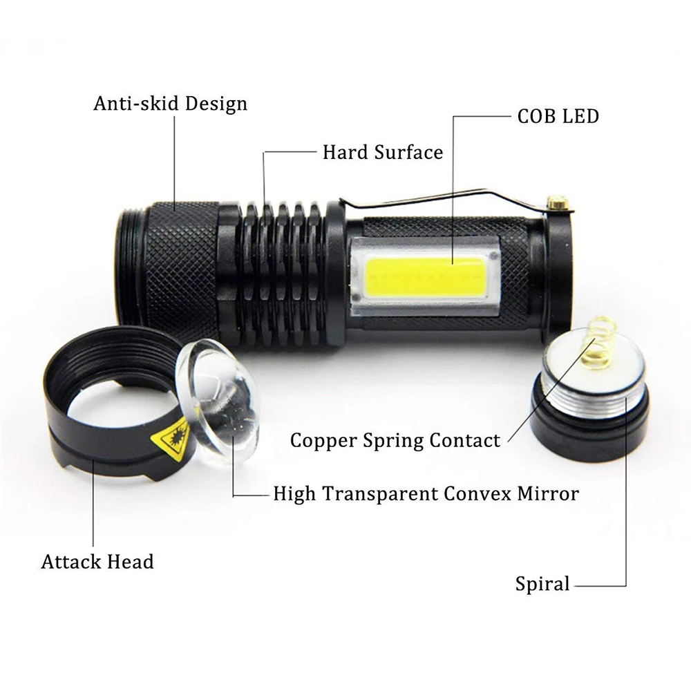 Portable LED Flashlight Q5 +COB Mini Black Waterproof Zoom LED Torch penlight Use AA 14500 Battery Lighting lantern