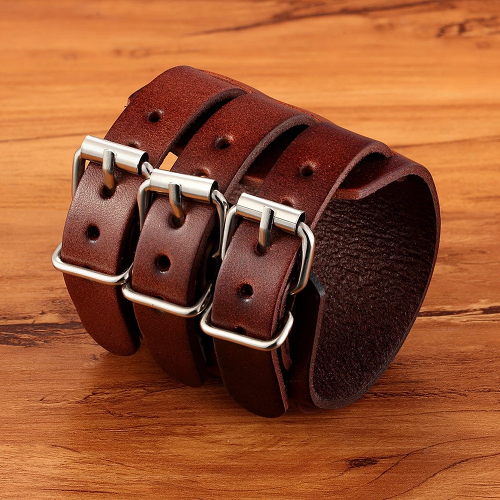 TYO Classic Men's Boys Adjustable Genuine Leather Cuff Bracelet Punk Rock Jewelry Black/Brown Three Layers Watch Bangles - Image 5