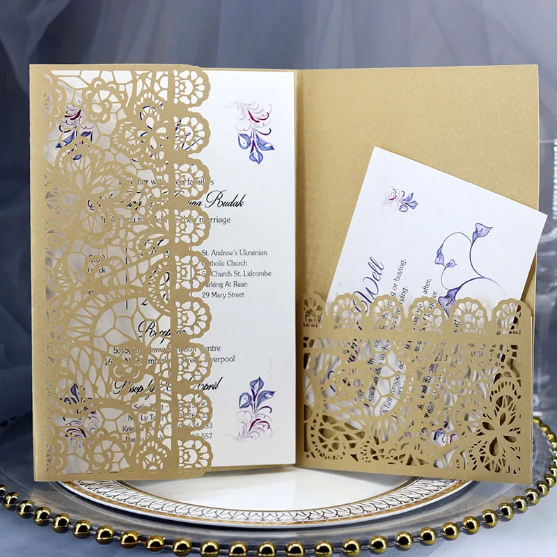 100 шт лазерная резка, для свадьбы Пригласительные карты кружева цветок три раза кружева деловая поздравительная открытка День рождения сувенир для свадебной вечеринки поставки - Цвет: Gold Cover inner