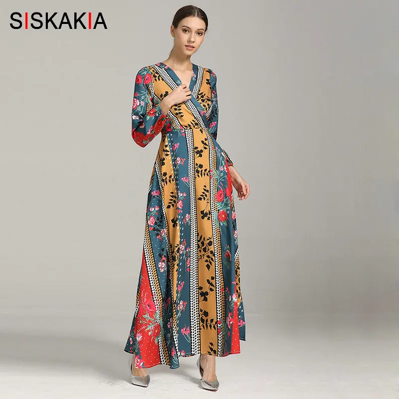 

Siskakia V Neck Ethnic Print Long Dress Muslim Arab UAE Clothes Ramadan Maxi Dresses Colored Floral Ethnic Long Sleeve 2019 New