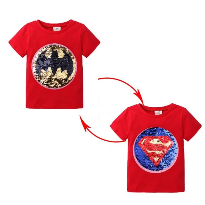 Переключаемые футболки с блестками для мальчиков с изображением Человека-паука, Капитана Америки; детская модная футболка; детская верхняя одежда; летняя одежда для мальчиков