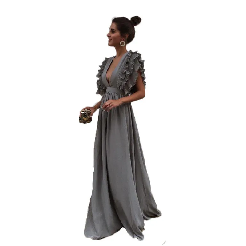 Модное женское летнее платье без рукавов с оборками, высокая талия, глубокий v-образный вырез, сексуальное длинное платье макси, праздничное платье для девушек - Цвет: gray