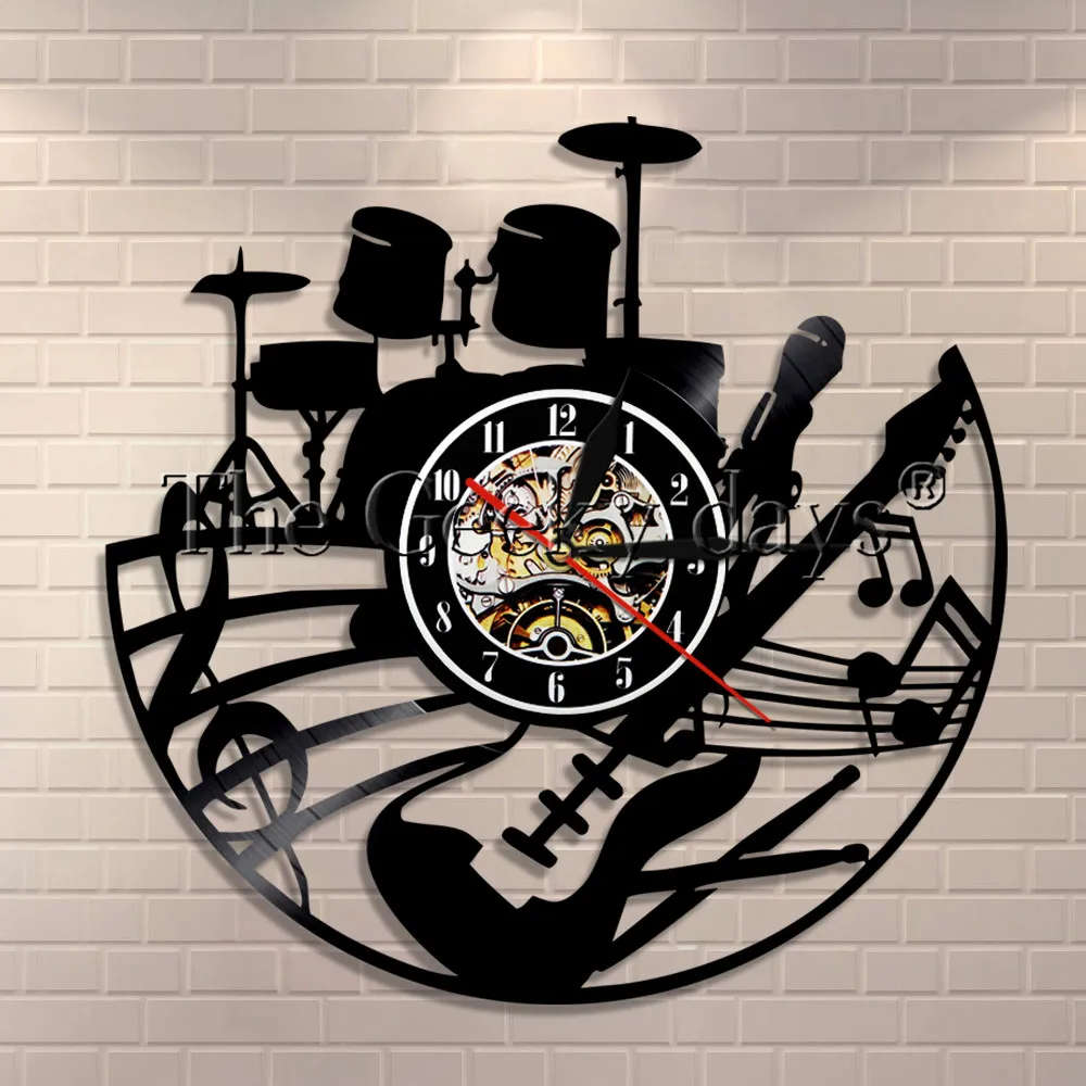 1 шт гитара и Drum Kit Виниловая пластинка настенные часы рок-н-ролл стены тактовый инструмент часы Drummer гитарист подарок для меломана