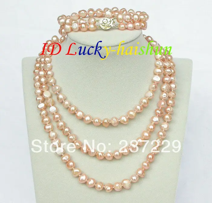 

Wholesale price FREE SHIPPING a49" 8" 8-9mm baroque pink pearls necklace 2row bracelet set j8478 (A0423)