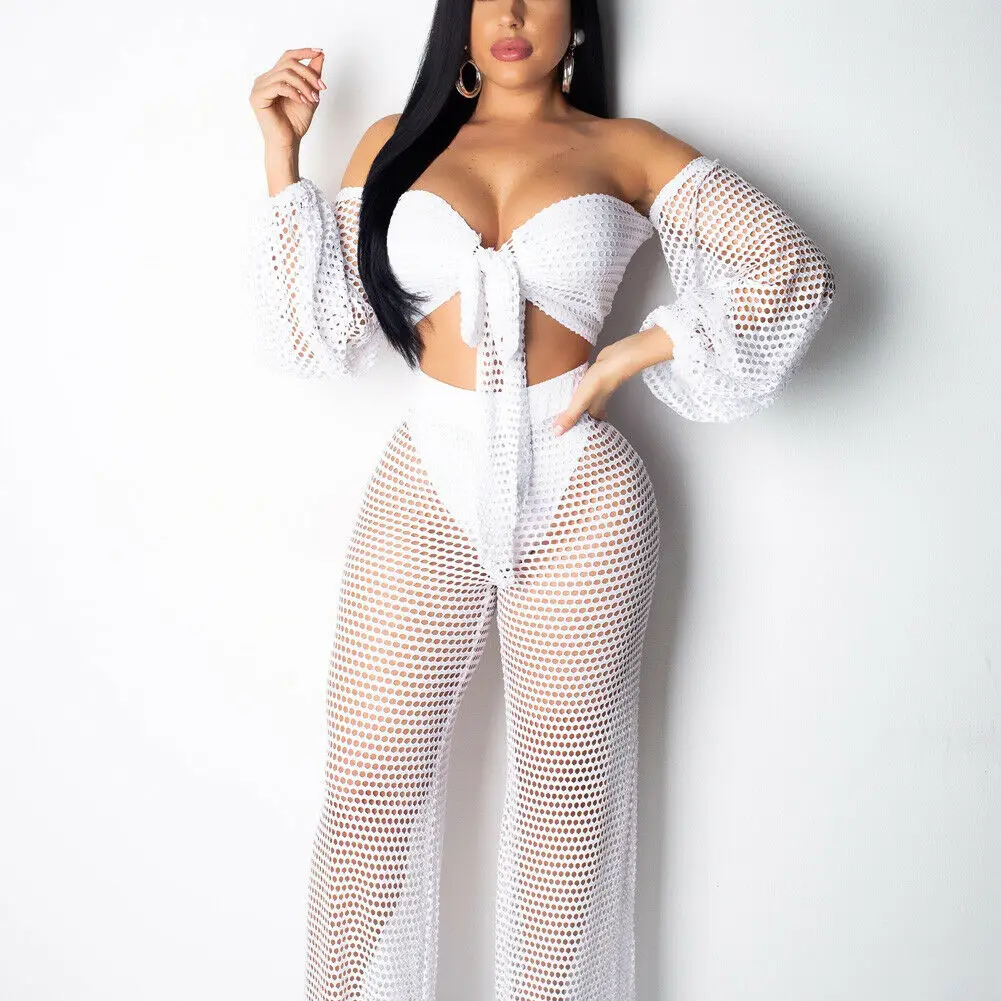 

2019 Womens Summer Sexy Fishnet Hollow Out Bikini Cover Up Swimwear Beach Sheer Bathing Suit Beach Cover Up Suit 2Pcs