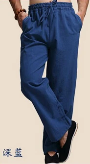 Hisenky китайские штаны для кунг-фу льняные хлопковые мужские повседневные штаны с эластичной талией спортивные штаны прямые брюки для бега - Цвет: Небесно-голубой
