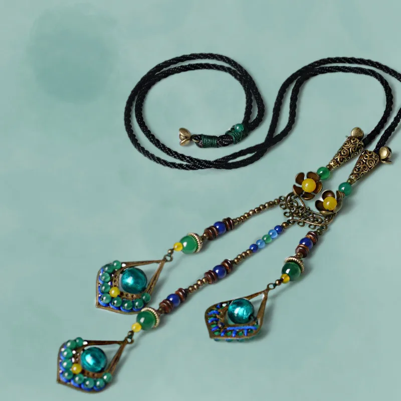 

woman vintage necklace blue long pendant copper alloy necklaces fashion jewelry chain accessories girl birthday gift XL157