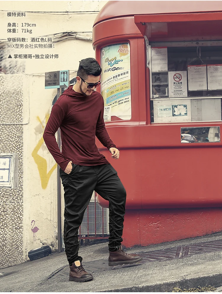 Men Autumn New European Style High Collar Long Sleeve Hooded T-shirt with Cap Men Slim Casual Cotton Irregular T-shirt T908 HTB1OXj5XzvuK1Rjy0Faq6x2aVXaz - Men Autumn New European Style High Collar Long Sleeve Hooded T-shirt with Cap Men Slim Casual Cotton Irregular T-shirt T908