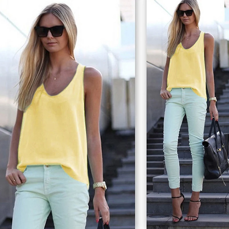 New Women's Solid Color Sleeveless V-neck Slim Summer Chiffon Blouse Blusas Mujer De Moda 2019 New Women's Solid Color Sleeveless V-neck Slim Summer Chiffon Blouse Blusas Mujer De Moda 2019