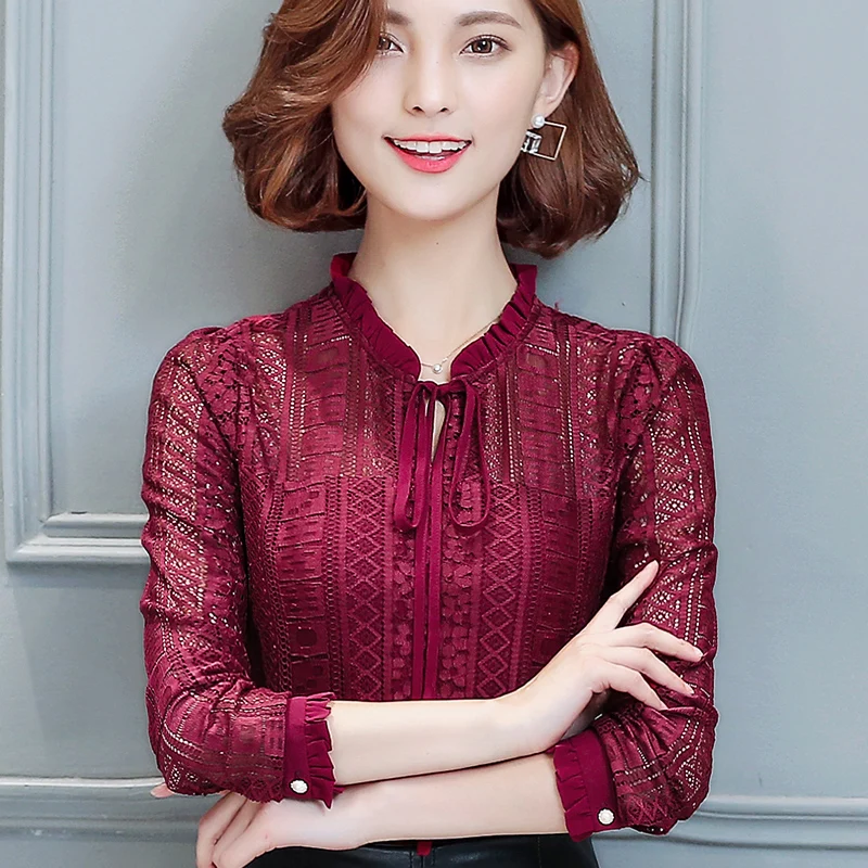 

2019 New Ruffled Collar Long Sleeve Blouses Shirts Plus Size Lace Women Blouse Women Clothing Blusas Femininas