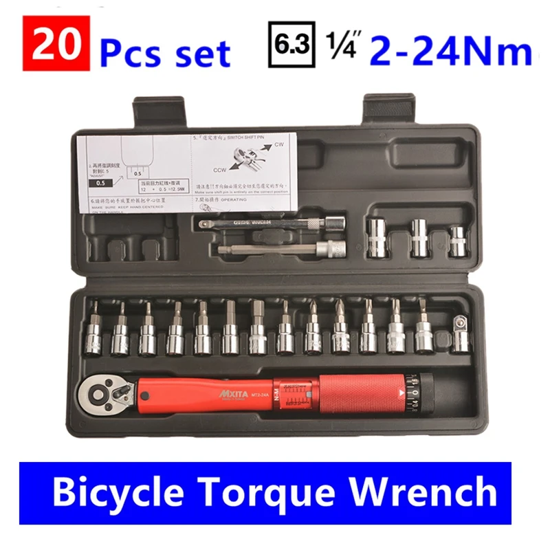 

MXITA 1/4inch DR 2-24Nm 20 Piece Torque Wrench Bicycle Cycling Tool Set Set Tool Bicycle Repair Wrench Set Manual Tool Set