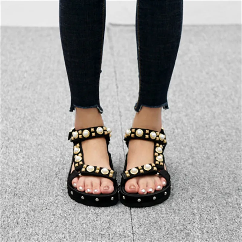 Г., летние стильные сандалии для женщин модные босоножки на платформе с жемчугом обувь с открытым носком, с ремешком на щиколотке, шлепанцы сандалии на плоской подошве