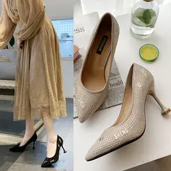 2019 модные элегантные женские туфли-лодочки со стразами, с острым носком, высокого качества, с металлическими украшениями, под платье, на