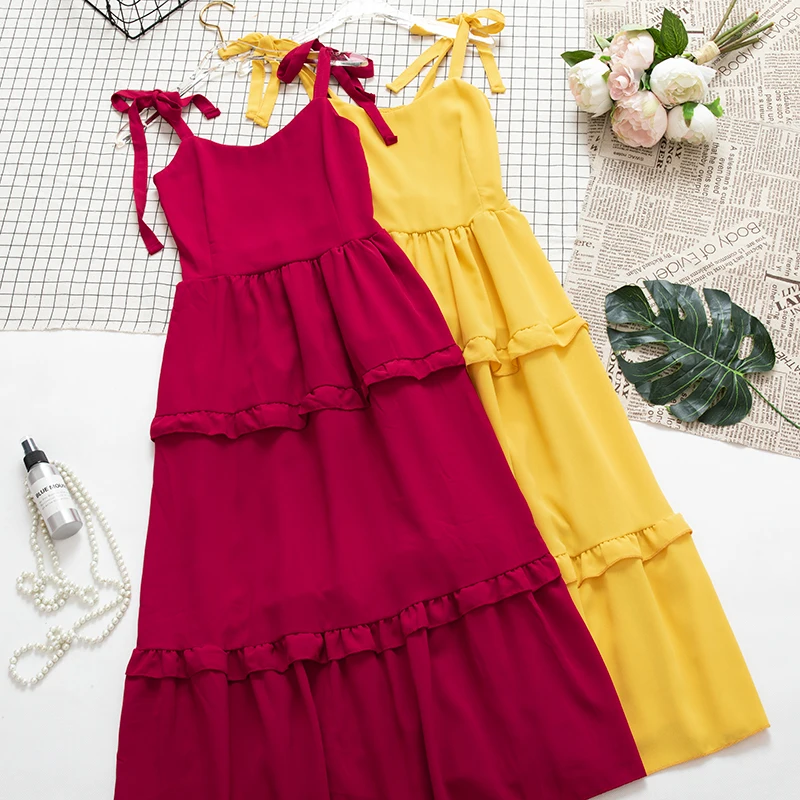 

SKOONHEID Sleeveless Cotton Linen Dress Women A-Line strap dress summer holiday solid ruched sundress midi long ruffle dresses