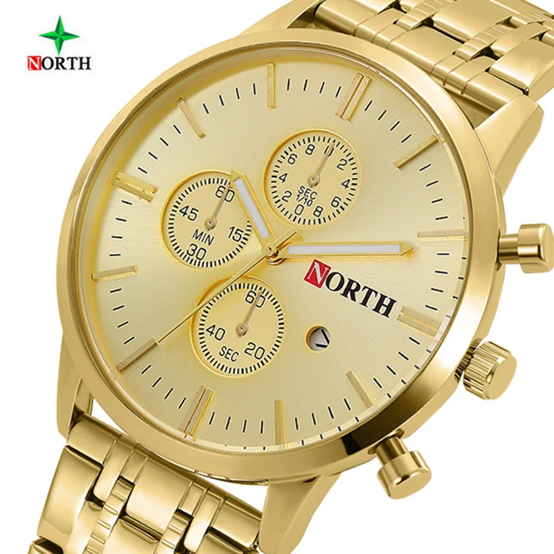 

NORTH Top Brand Luxury Gold Men's Watch Luminous Sport Watches Full Steel Watch Men Three Eyes Watch kol saati reloj hombre 6010