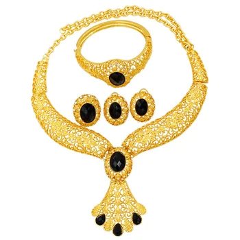 

2019 Fashion Luxury 24 Gold Jewelry Sets Black Crystal Big Necklace Ring Earrings Charm Bridal Wedding Anniversary Gift Jewelry