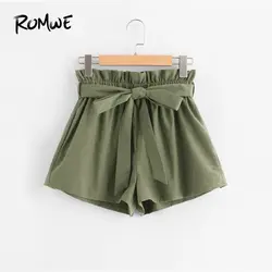 ROMWE рюшами талии самостоятельно пояс шорты для женщин 2019 уличная армейский зеленый для летние шорты Модные Высокая талия широкие ш