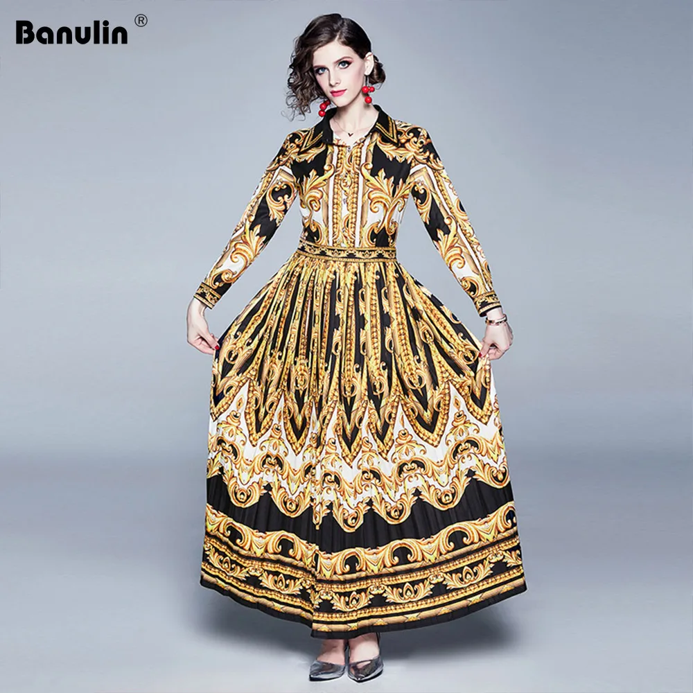 

Banulin 2019 Spring Autumn Women Baroque Dress Long Sleeve Black Gold Totem Print Big Swing Floral Long Maxi Runway Dress