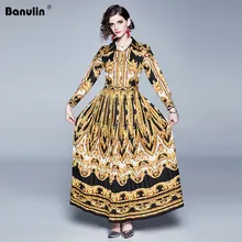 Banulin 2019 Spring Autumn Women Baroque Dress Long Sleeve Black Gold Totem Print Big Swing Floral Long Maxi Runway Dress black swing long sleeve dress