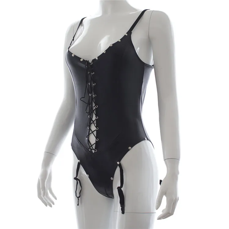 

Sexy Faux Leather Wet Look Open Lace Up Leotard Bodysuit Rompers with Garter Belt Studded Mistress Fetish Lingerie