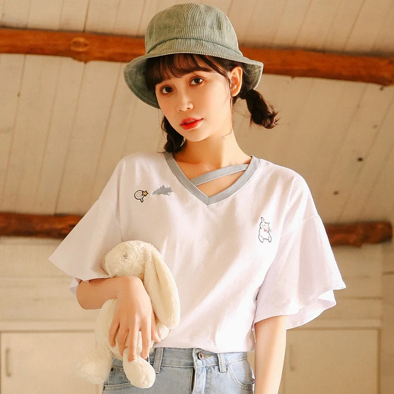 Женская летняя футболка в японском стиле панк Kawaii Ulzzang Корейская с вышивкой